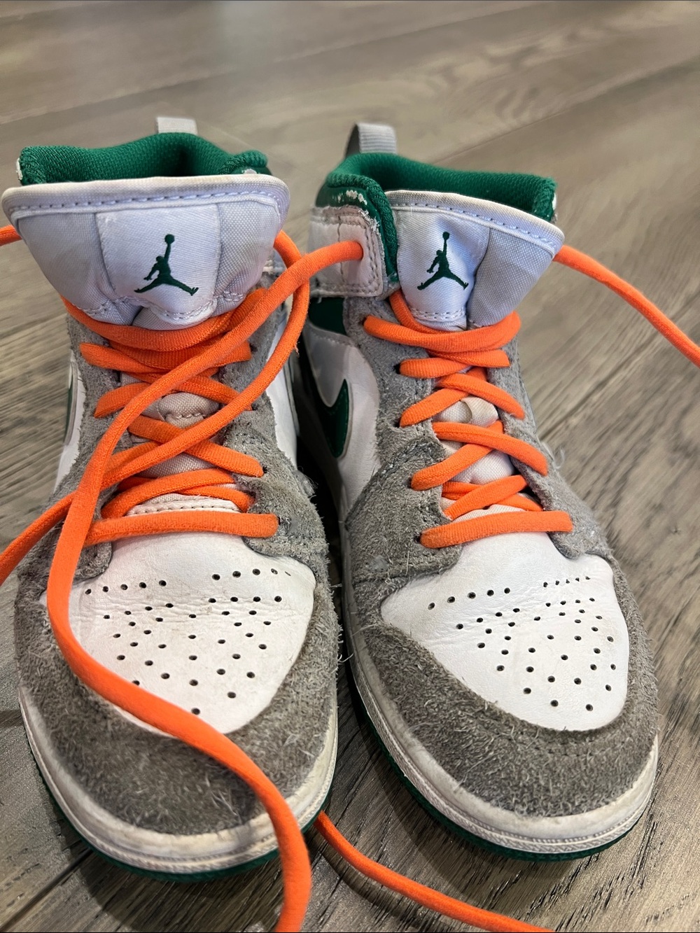 Jordan Kids Mid-Top Sneakers in White, Gray, Green & Orange